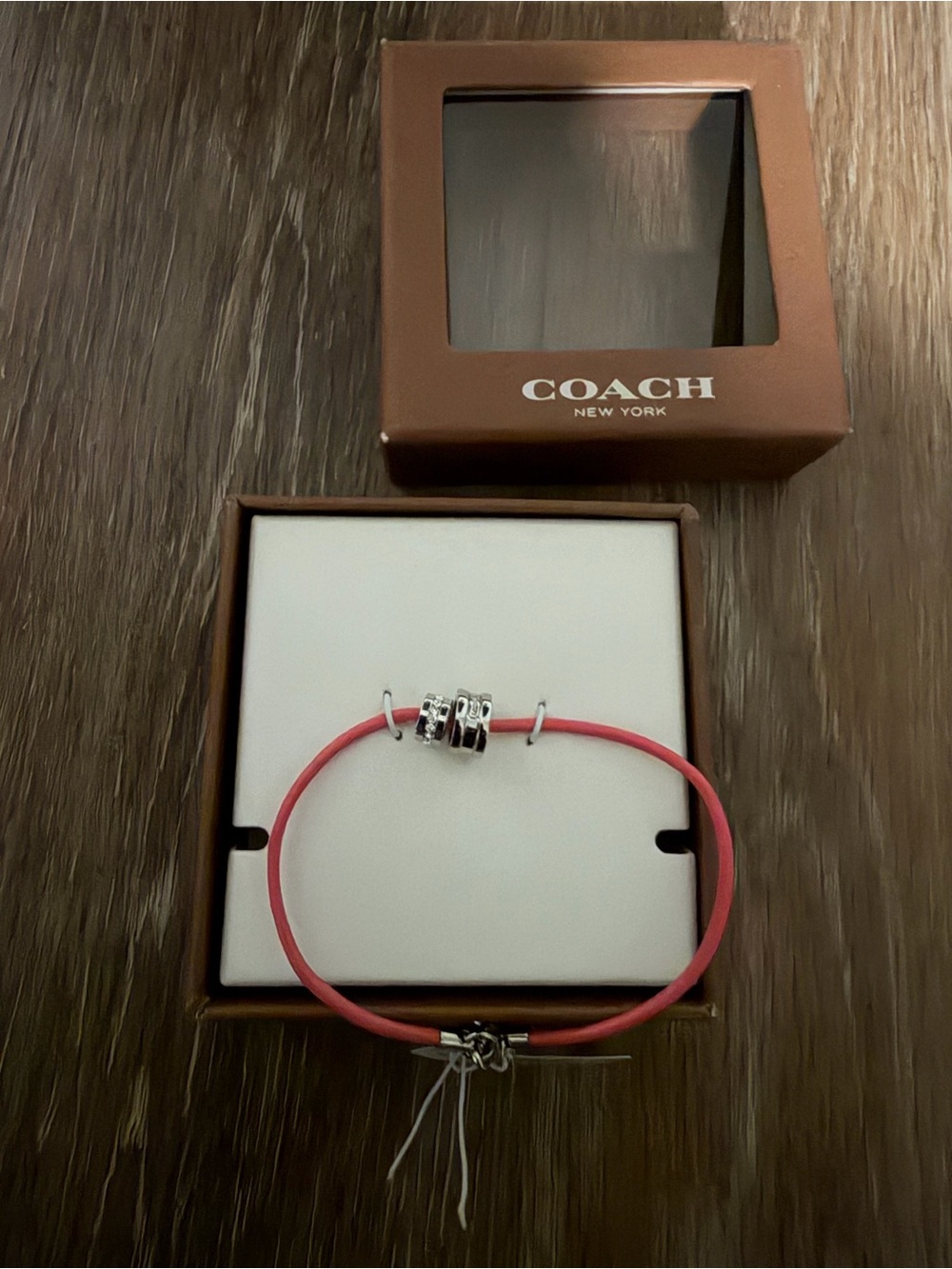 Coach Pink Leather Cord Bracelet with Silver-Tone Bead Charms